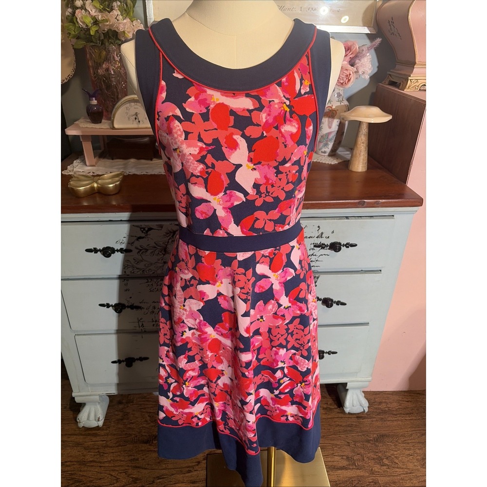 Lands End Dress Sz 4 Navy/Pink Floral Stretch Coastal Preppy Modest Nautical